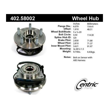 Centric Premium Hub and Bearing Assembly; With Integral ABS, Parts 402.58002